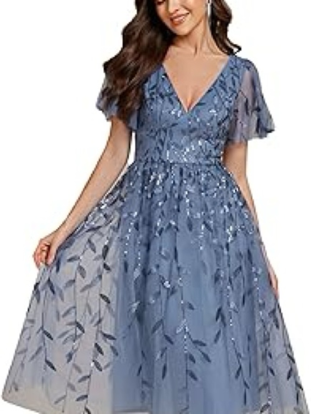 Blue V-Neck Embroidered Tulle Midi Dress